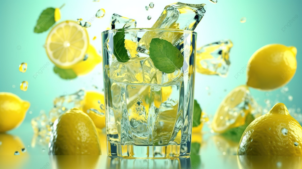 清爽的柠檬薄荷和冰饮料 3D 渲染玻璃与落片