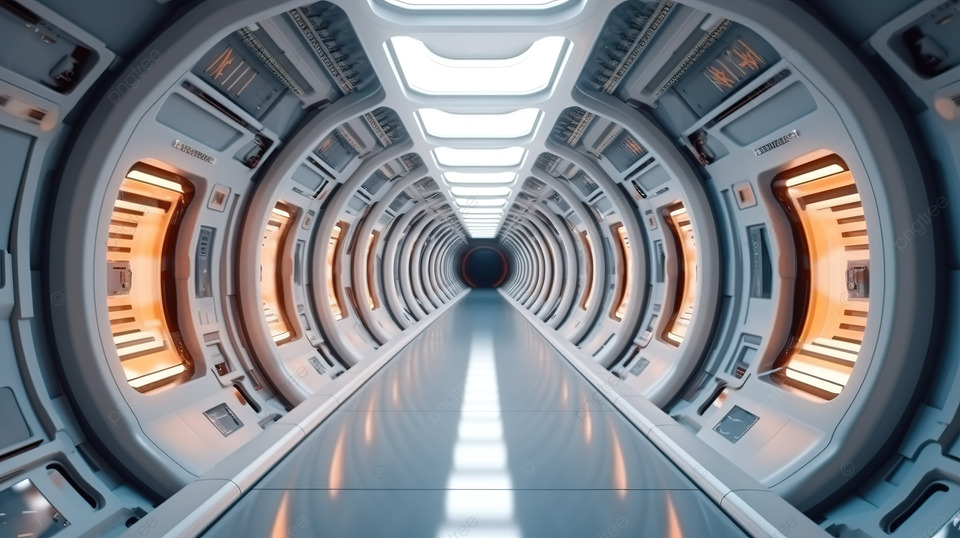 科幻奇幻宇宙飞船或空间站的未来派走廊的 3D 插图
