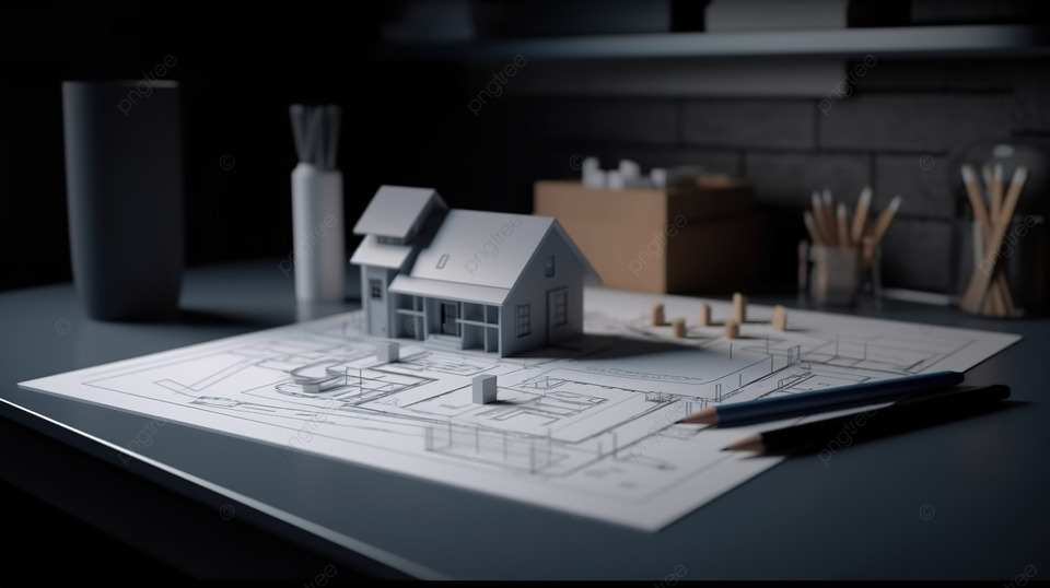 建筑师的 3D 工作空间，桌面上有模拟房屋和标记