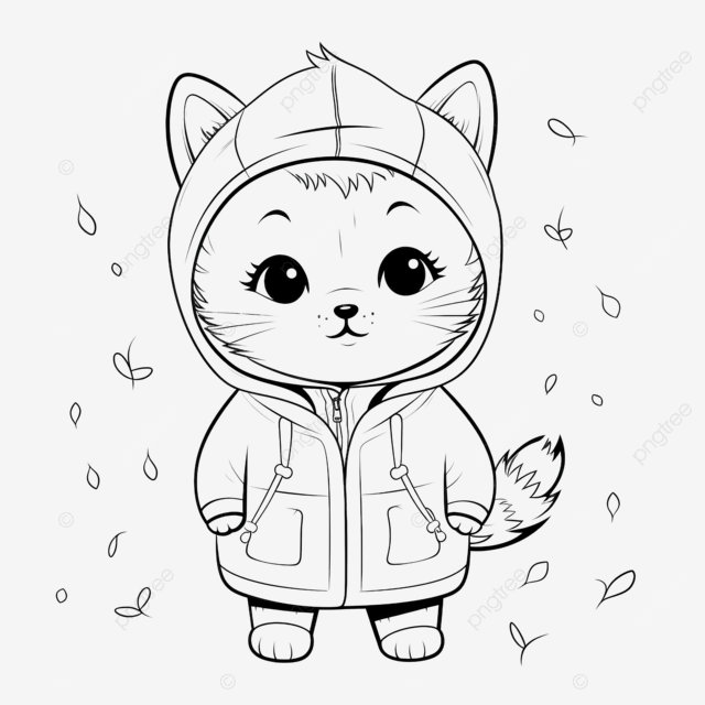 一只穿着连帽衫的可爱猫咪，胸前有绒球，猫咪剪影着色页