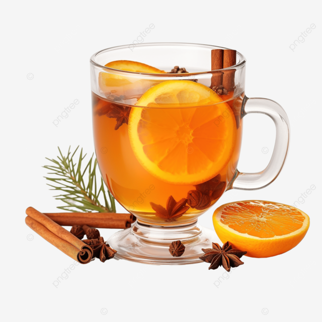 一杯加橙子和香料的热苹果汁