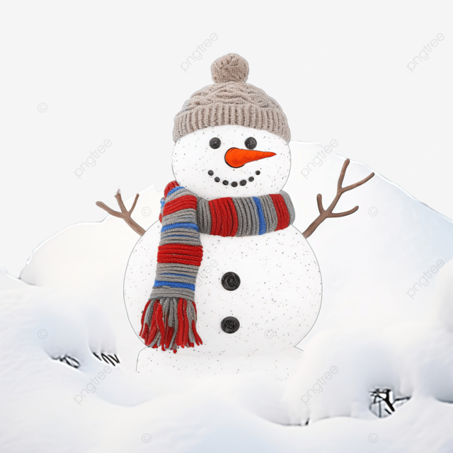 冬季公园雪冷杉树枝下戴着温暖围巾和帽子的滑稽玩具雪人