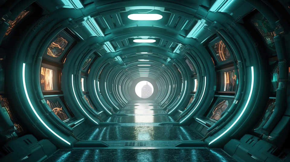 科幻奇幻太空飞船或空间站的未来走廊的 3D 插图