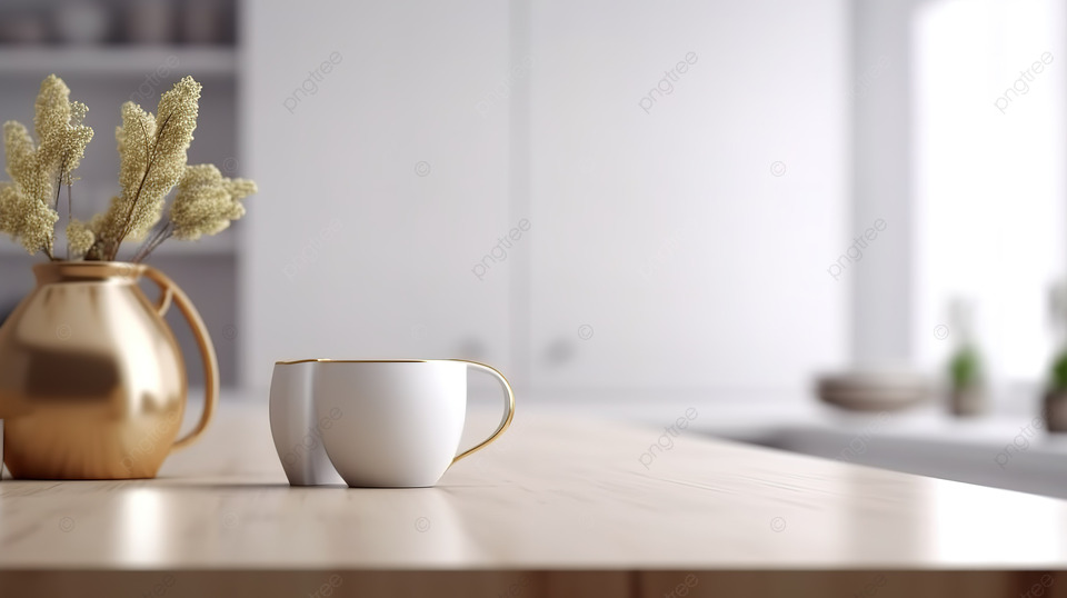 餐桌或白色桌面上的空白表面，背景 3D 可视化中的厨房区域模糊