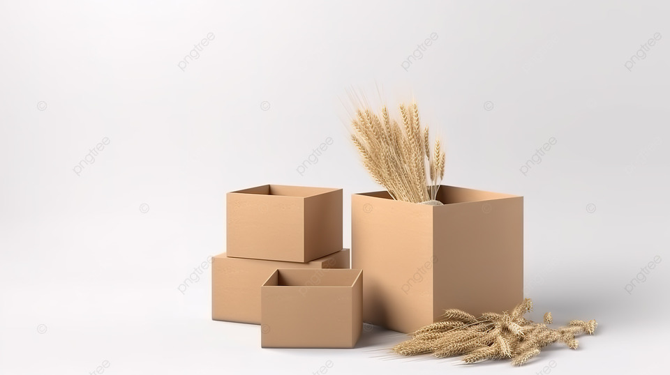 白色背景生态友好包装牛皮纸方盒样机的 3D 渲染