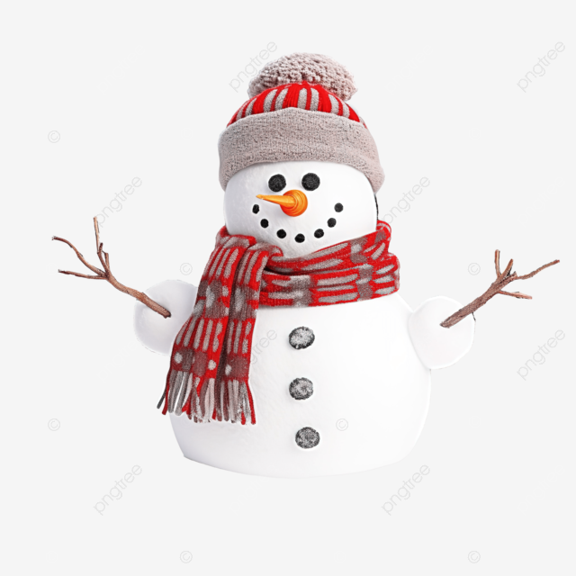 冬季公园雪冷杉树枝下戴着温暖围巾和帽子的滑稽玩具雪人