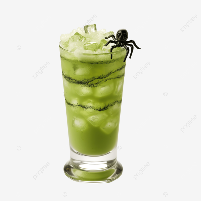 桌上放着绿色饮料和蠕虫的玻璃杯，以纪念万圣节和其他鸡尾酒