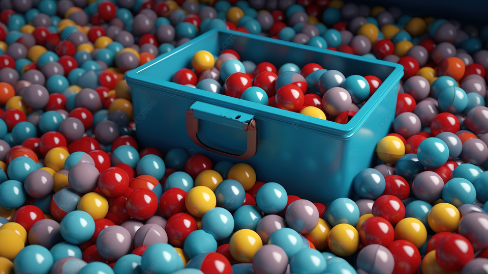 充满活力的球环绕着蓝色内部的工具套件，以 3D 呈现