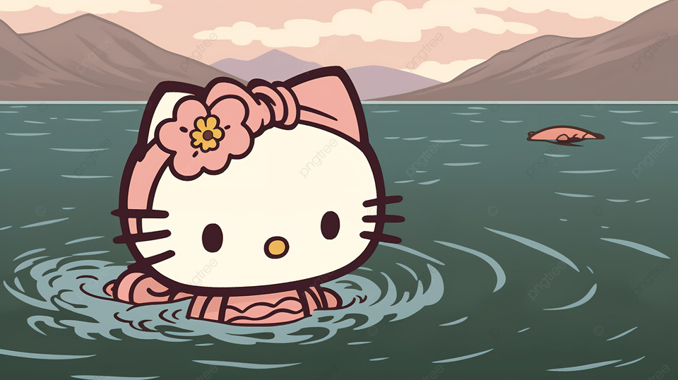 凯蒂猫在蓝色的湖中游泳，周围环绕着群山