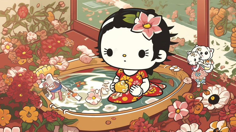 凯蒂猫坐在浴缸里，周围环绕着鲜花