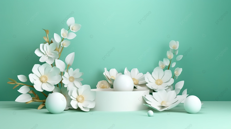 3d 渲染绿松石桌上的白花和鸡蛋