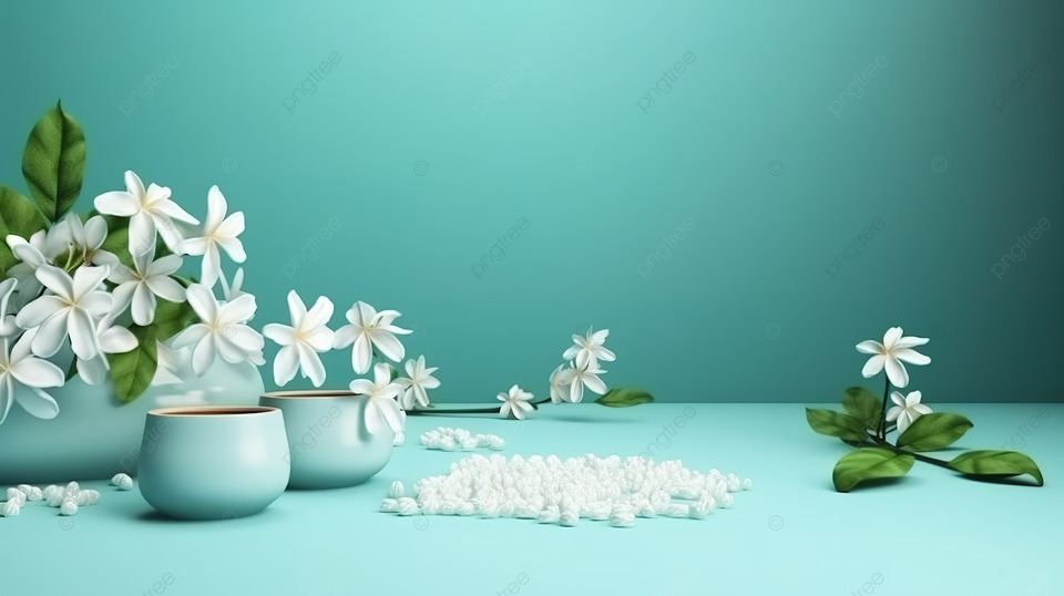 绿松石色茶杯上的传统茉莉花插花 3D 渲染照片