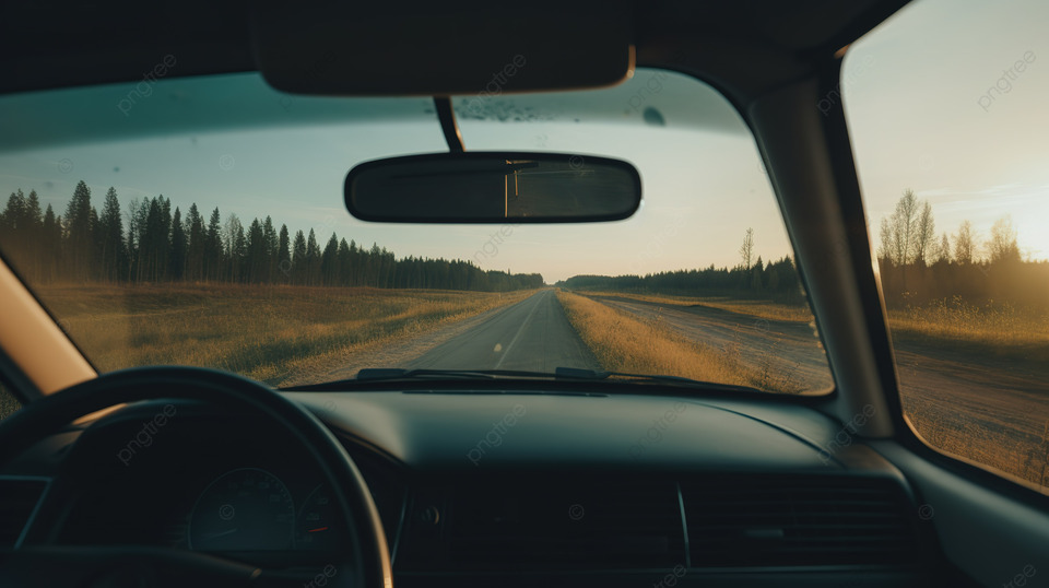 在车内看着夕阳下的道路
