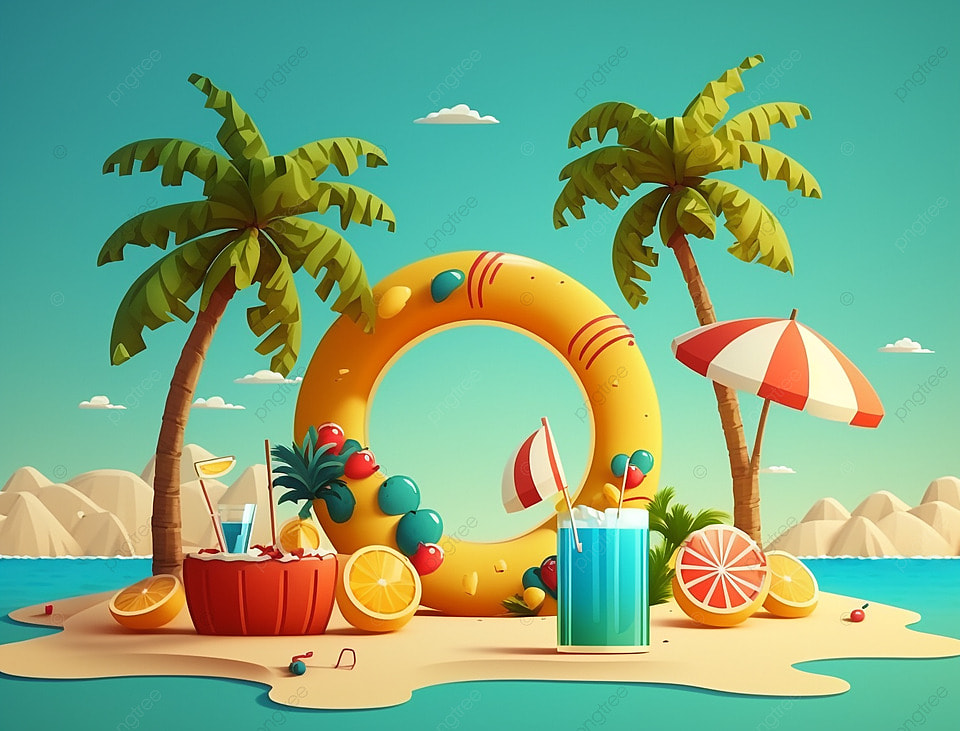 棕榈树游泳圈夏季饮品海边沙滩风景