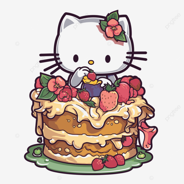上面有蛋糕和浆果的 Hello Kitty 剪贴画矢量