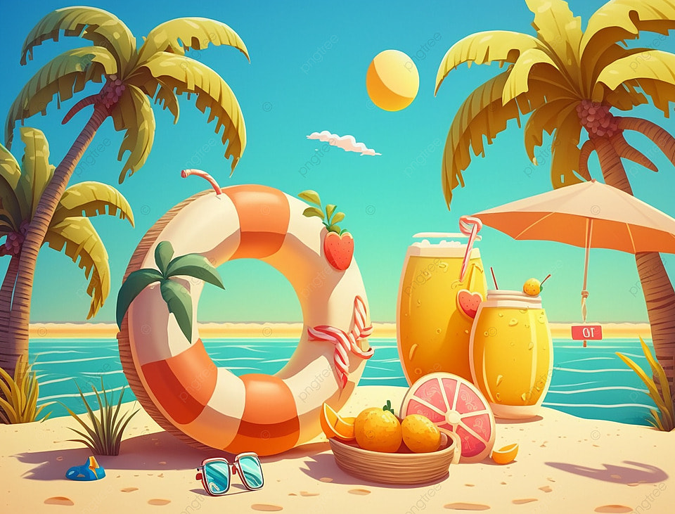 棕榈树橙汁游泳圈夏季海边沙滩风光