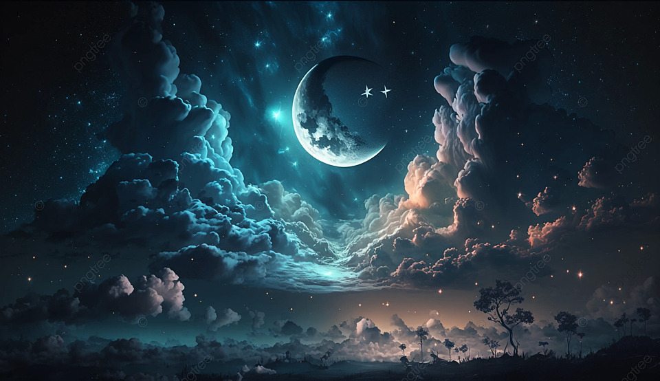 田野, 星空, 星云, 月亮, 自然, 风景, 卡通, 背景, 装饰, 插画