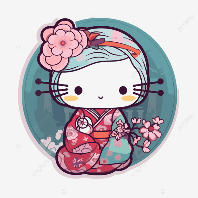 身着和服和花朵的 Hello Kitty 剪贴画矢量图