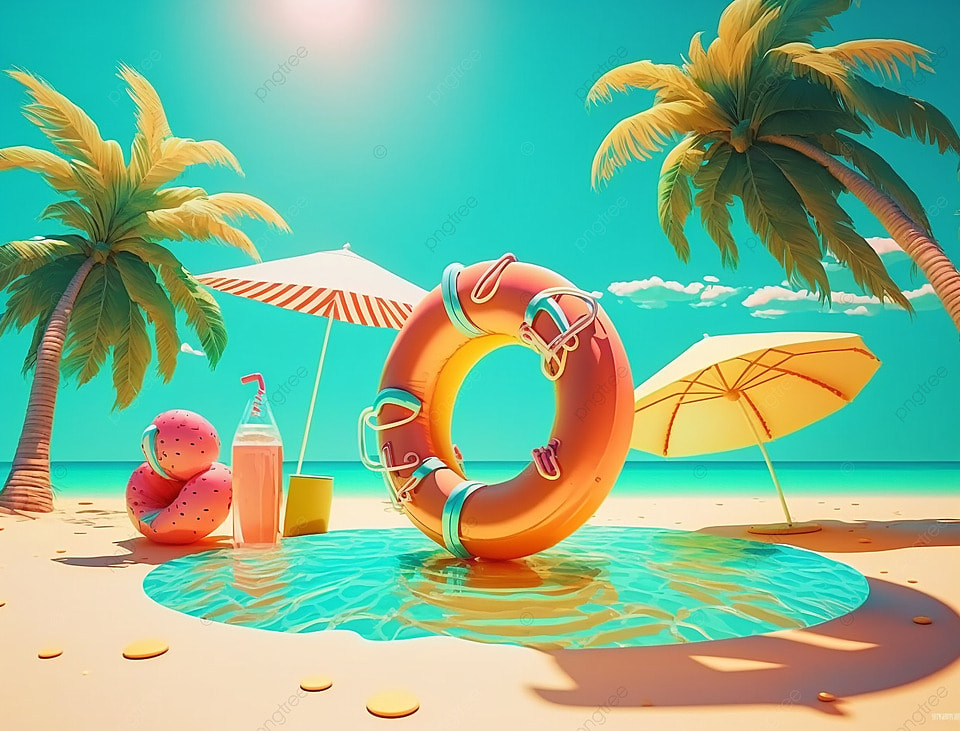 棕榈树游泳圈夏季饮品海边风景