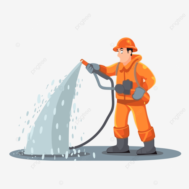 压力清洗剪贴画平面矢量图橙色消防员用软管卡通清洁下水道